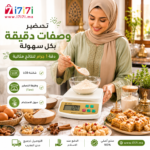 سيدة تستخدم ميزان مطبخ رقمي لوزن المكونات بدقة أثناء إعداد الحلويات