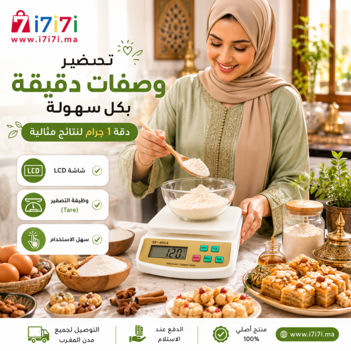 سيدة تستخدم ميزان مطبخ رقمي لوزن المكونات بدقة أثناء إعداد الحلويات